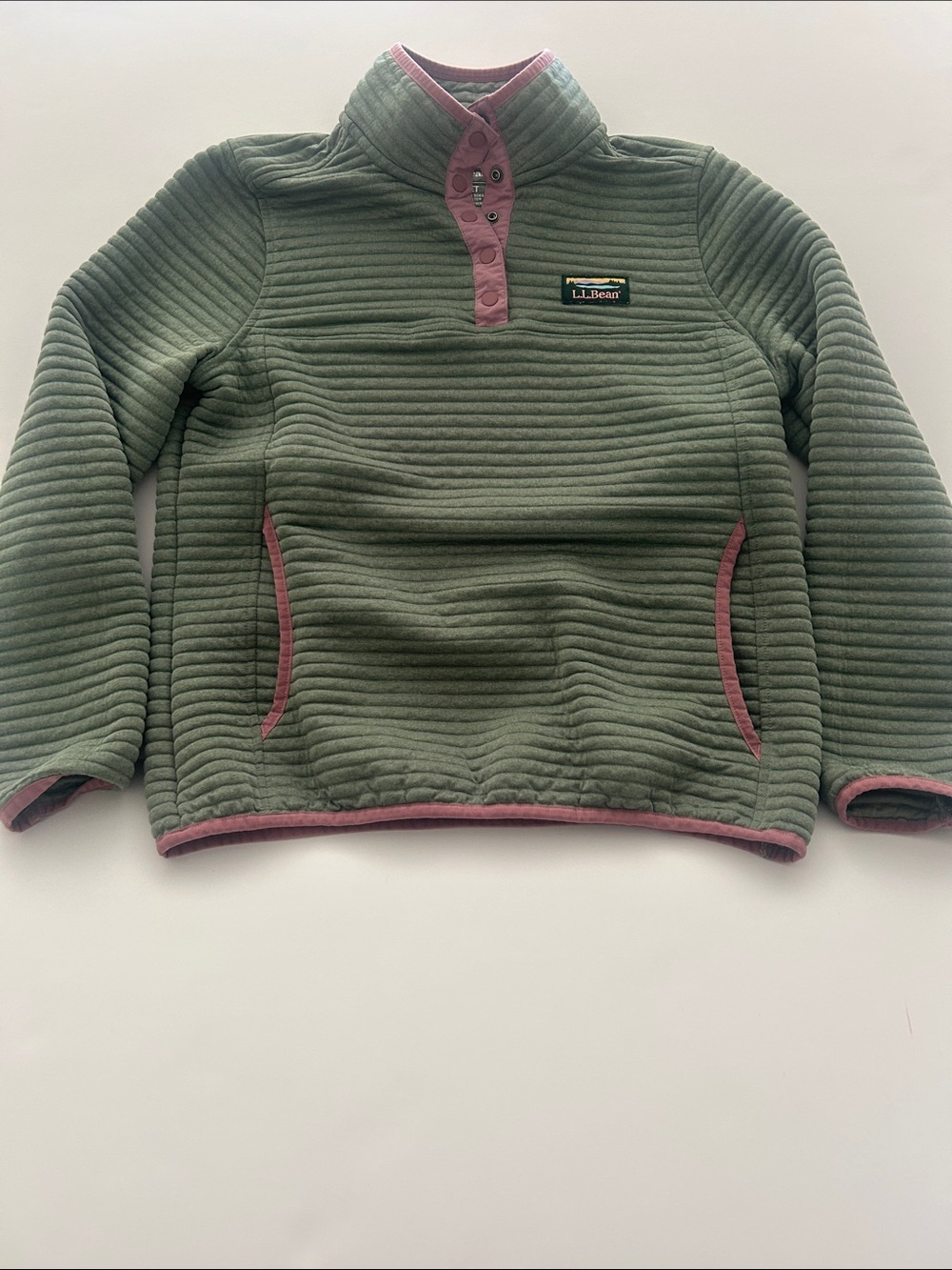 L.L. Bean Olive Green Quilted Fleece Pullover with Pink Trim
